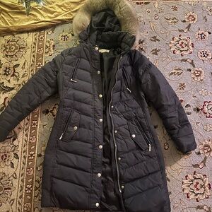 Women's Black Hooded Puffer Coat with Fur Trim